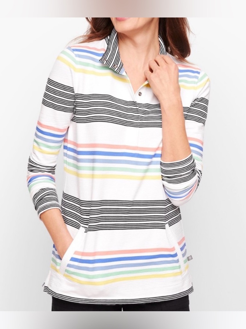 T by Talbot Slub Terry Colored Stripe 1/4 Snap Kangaroo Pocket UPF 50 Pullover L